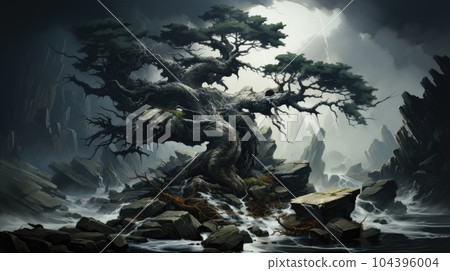 Generative ai illustration of Surreal majestic tree on top of a hill, detailed, path up the hill, vast landscape 104396004