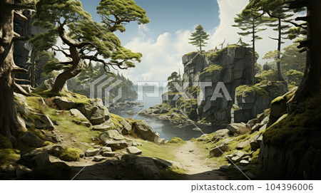 Generative ai illustration of Surreal majestic tree on top of a hill, detailed, path up the hill, vast landscape 104396006