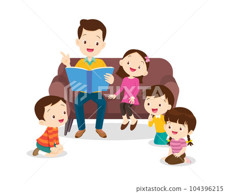 children listen dad mom grandparents reading book on sofa 104396215