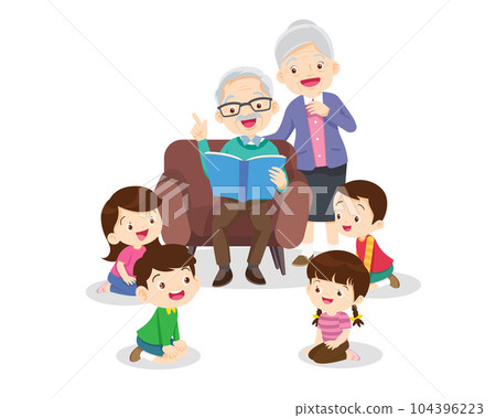 children listen dad mom grandparents reading book on sofa 104396223