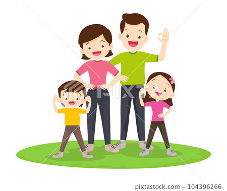 Happy Family Sport Activity. Mother, Father and Kid Doing Morning Exercising at Home 104396266