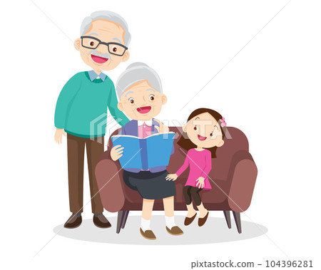 grandparents reading book with granddaughter 104396281