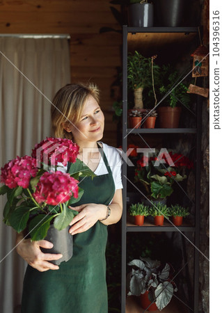Portrait of smiling young botanist holding a fresh flower plant. Young woman holding small tree in pot in gardening center. Successful botanist and store owner thinking while standing with a pot plant Portrait of smiling young botanist holding a fresh flower plant. Young woman holding small tree in pot in gardening center. Successful botanist and store owner thinking while standing with a pot plant 104396316