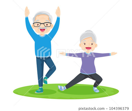 Elderly couple practicing yoga. Active Grandparents doing exercises 104396379