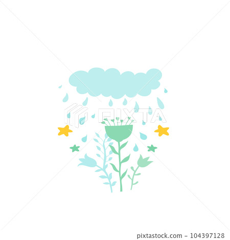 Illustration in cartoon style of cloud with rain drops and flowers. Decorative background for textile, clothing, stationery, scrapbook, web 104397128