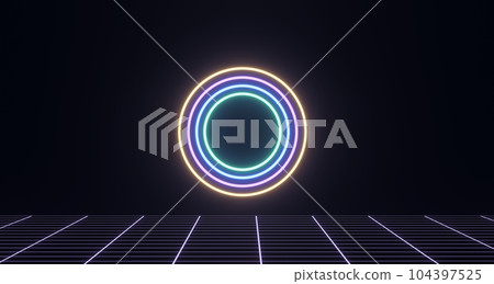 3d render, neon glowing geometric shape, retro wireframe poster 104397525