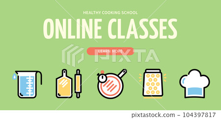 Healthy Cooking School Online Class Horizontal Placard Poster Banner Card Template. Vector Healthy Cooking School Online Class Horizontal Placard Poster Banner Card Template. Vector 104397817
