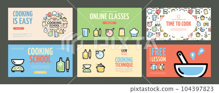 Cooking School and Classes Horizontal Placard Poster Banner Card Template Set. Vector Cooking School and Classes Horizontal Placard Poster Banner Card Template Set. Vector 104397823