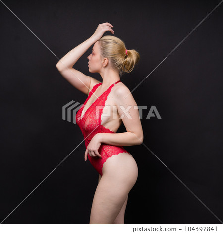 Young beautiful seductive woman with large breasts. Carefree model wearing lingerie. 104397841