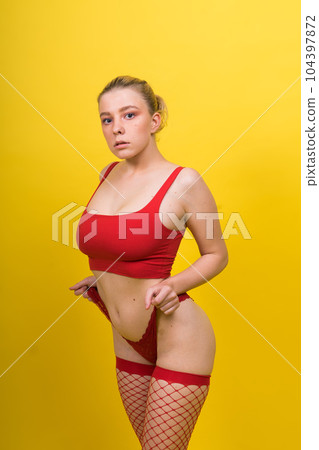 Young beautiful seductive woman with large breasts. Carefree model wearing lingerie. Young beautiful seductive woman with large breasts. Carefree model wearing lingerie. 104397872
