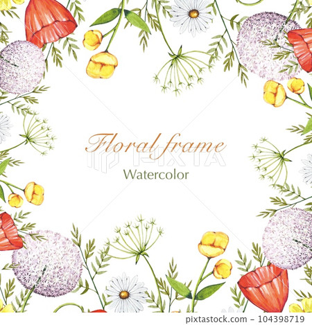 Floral frame of meadow flowers and herbs, watercolor Floral frame of meadow flowers and herbs, watercolor 104398719