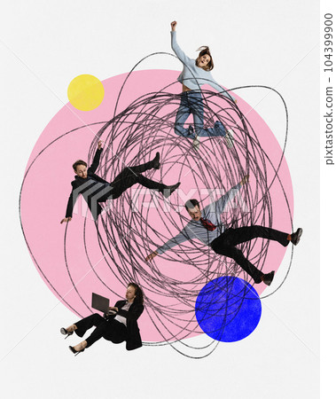 Contemporary art collage with business people flying, levitating over colorful background with geometric shapes. Concept of teamwork, success, goals, career 104399900