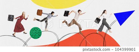 Active motivated men and women running towards the target. Contemporary art collage. Concept of teamwork, success, goals, career 104399901