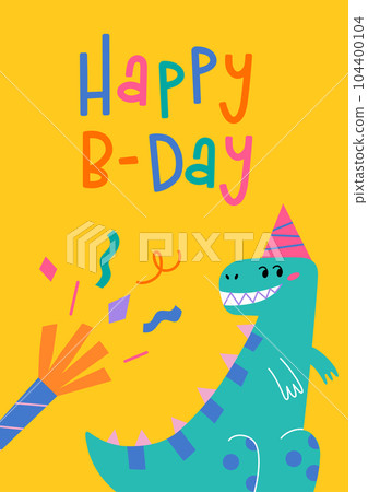 Postcard with birthday congratulations, cute dinosaurs and party popper composition, childish greeting card, vector arrangement with tyrannosaurus and confetti, happy b-day hand written lettering Postcard with birthday congratulations, cute dinosaurs and party popper composition, childish greeting card, vector arrangement with tyrannosaurus and confetti, happy b-day hand written lettering 104400104