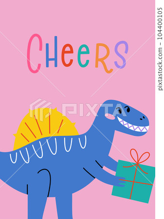 Birthday card with smiling tyrannosaurus, dinosaur giving present composition, template with cheers hand written lettering, vector arrangement with t-rex in party hat, postcard for baby shower Birthday card with smiling tyrannosaurus, dinosaur giving present composition, template with cheers hand written lettering, vector arrangement with t-rex in party hat, postcard for baby shower 104400105