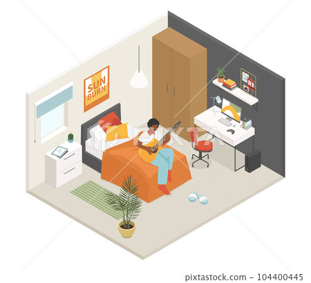 Student or teenager room - vector colorful isometric illustration Student or teenager room - vector colorful isometric illustration 104400445