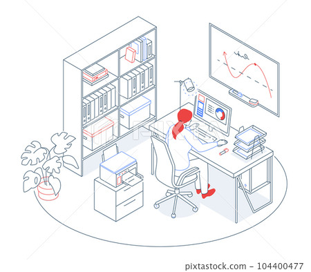 Office staff room - modern line design style isometric illustration Office staff room - modern line design style isometric illustration 104400477