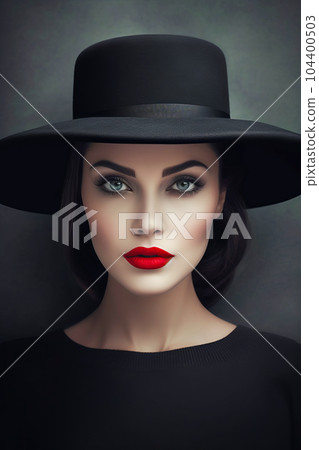 Woman wearing black hat with red lipstick on... - Stock Illustration  [104400503] - PIXTA