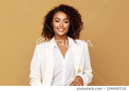 Woman in white blazer is smiling at the camera with her hands in her pockets. Generative AI 104400516