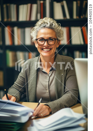 Smiling woman sitting at desk in front of laptop and bookcase. Generative AI 104400519