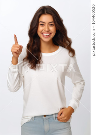 Woman in white shirt is smiling and giving thumbs up sign. Generative AI 104400520