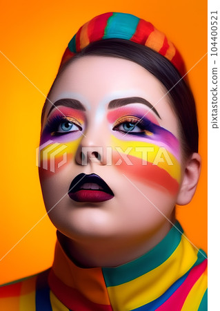 Woman's face is painted with multicolored face paint. Generative AI 104400521