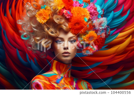 Woman with colorful hair and flowers on her head, with colorful background. Generative AI 104400556