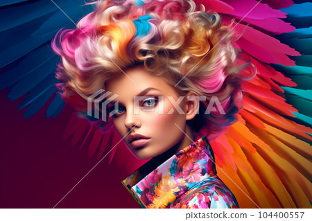 Woman with colorful hair and colorful umbrella in her hair is featured in digital painting. Generative AI 104400557