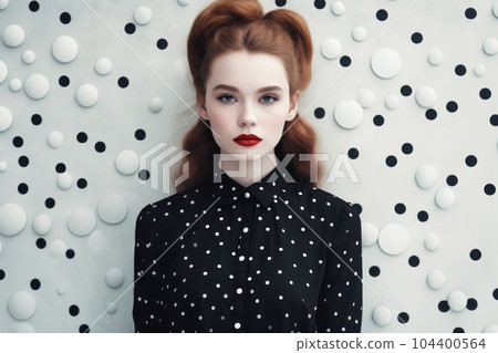 Woman with red hair wearing black shirt with white polka dots on it. Generative AI Woman with red hair wearing black shirt with white polka dots on it. Generative AI 104400564