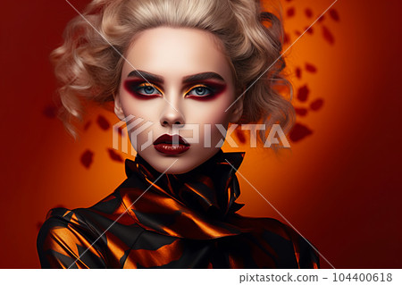Image of woman with red makeup and black and gold make - up. Generative AI 104400618