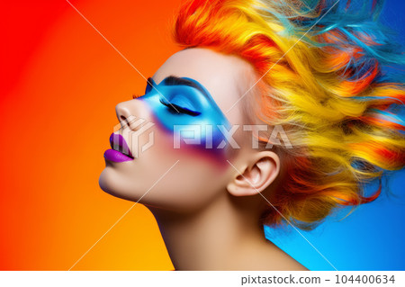 Woman with bright hair and blue and yellow make - up on her face. Generative AI 104400634