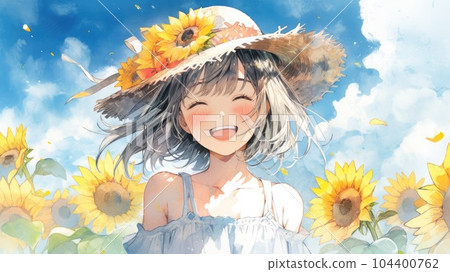 Girl smiling in a sunflower field_1 Generative AI 104400762