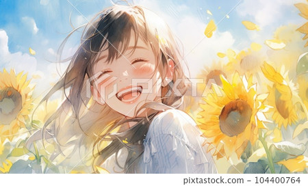 Girl smiling in a sunflower field_2 Generative AI 104400764