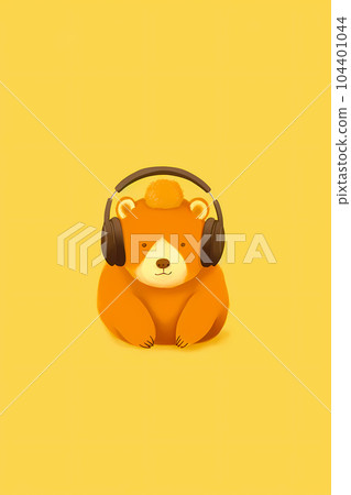 Bear with headphones sitting on yellow background with yellow background. Generative AI 104401044
