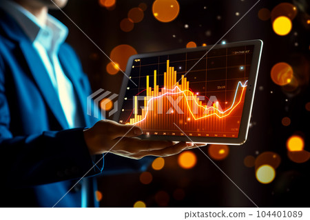 Person holding tablet with chart on the screen and lights in the background. Generative AI 104401089