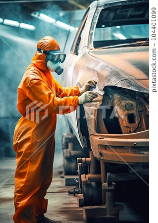 Man in yellow coverall working on car in garage. Generative AI Man in yellow coverall working on car in garage. Generative AI 104401099