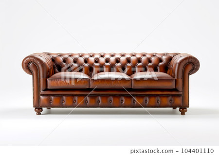 Brown leather couch sitting on top of white floor next to white wall. Generative AI 104401110