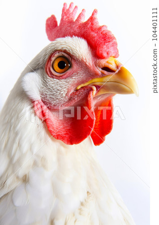 Close up of rooster's head with white and red background. Generative AI Close up of rooster's head with white and red background. Generative AI 104401111