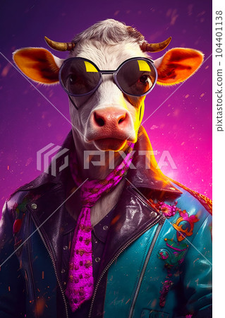 Cow wearing sunglasses and leather jacket with scarf around its neck. Generative AI Cow wearing sunglasses and leather jacket with scarf around its neck. Generative AI 104401138