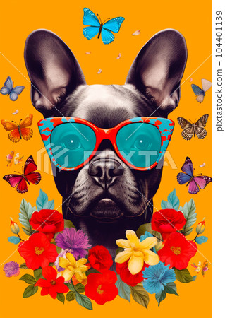 Image of dog wearing sunglasses with flowers and butterflies in the background. Generative AI Image of dog wearing sunglasses with flowers and butterflies in the background. Generative AI 104401139