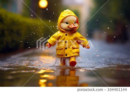 Toy duck in yellow raincoat splashing in puddle of water. Generative AI 104401144