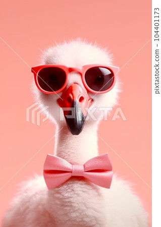 Close up of duck wearing sunglasses and bow tie with pink background. Generative AI 104401173
