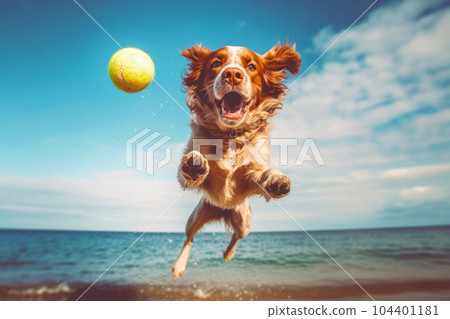 Dog jumping up into the air to catch ball on the beach. Generative AI 104401181