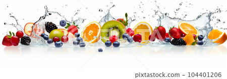 Bunch of fruit that are in the water with some water splashing on them. Generative AI 104401206