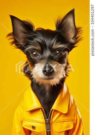 Small black and brown dog wearing yellow jacket and looking at the camera. Generative AI 104401297