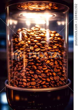 Glass container filled with coffee beans on top of counter top next to window. Generative AI Glass container filled with coffee beans on top of counter top next to window. Generative AI 104401302