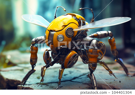Yellow and black robot with two legs and face on it's body. Generative AI Yellow and black robot with two legs and face on it's body. Generative AI 104401304