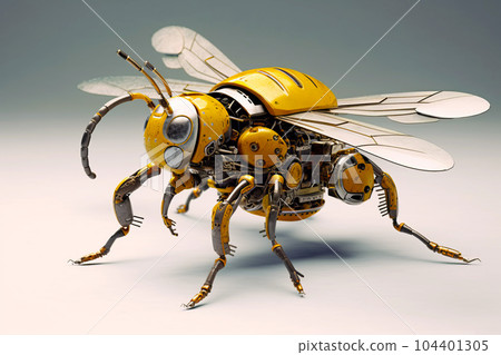 Yellow and black robot bee with wings on its back and eyes open. Generative AI 104401305