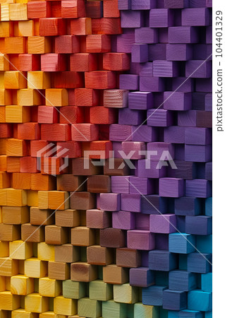 Multicolored wall of wooden blocks with rainbow of colors in the background. Generative AI 104401329