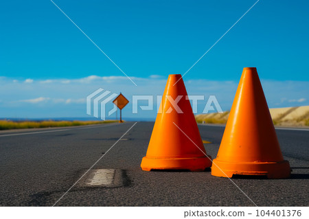 Three orange cones sitting on the side of road next to street sign. Generative AI 104401376